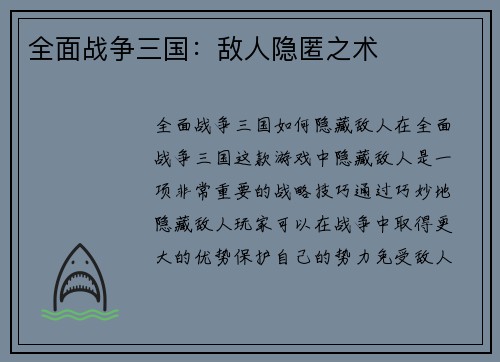 全面战争三国：敌人隐匿之术